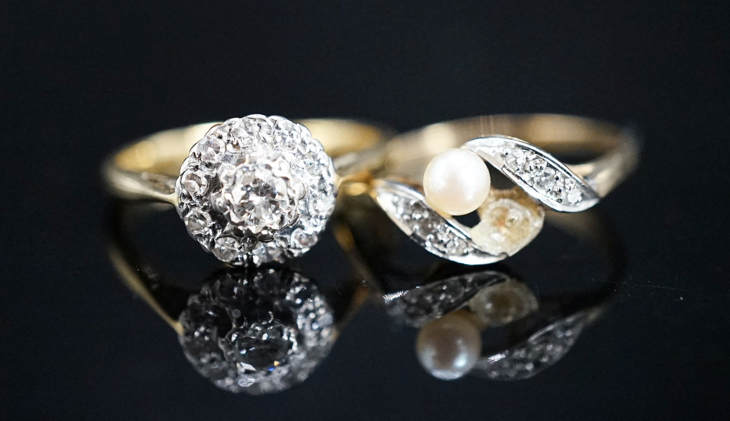 An 18ct & plat, diamond cluster ring, size L/M, gross 2.9 grams and one other 9ct ring(a.f.), gross 1.3 grams.